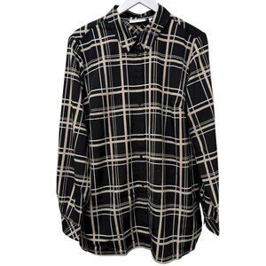 SUSAN GRAVER Womens Top Large Black Tan Plaid Button Up Shirt Long Sleeve NWOT